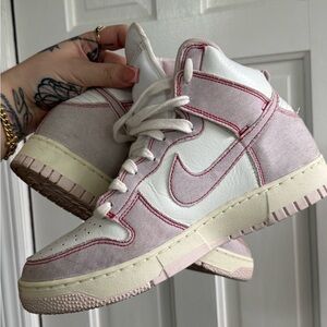 Nike Dunks High Pink Denim White Leather Barely Rose EUC women men unisex